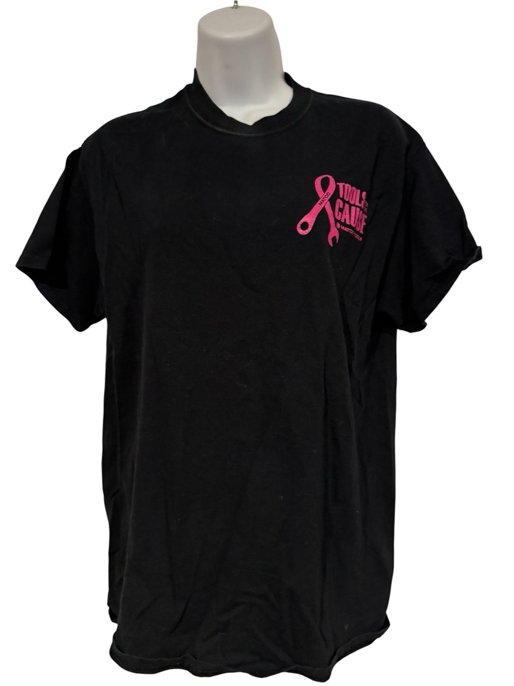 Black Short-Sleeve Crew Neck T-Shirt with Pink Ribbon Wrench Graphic